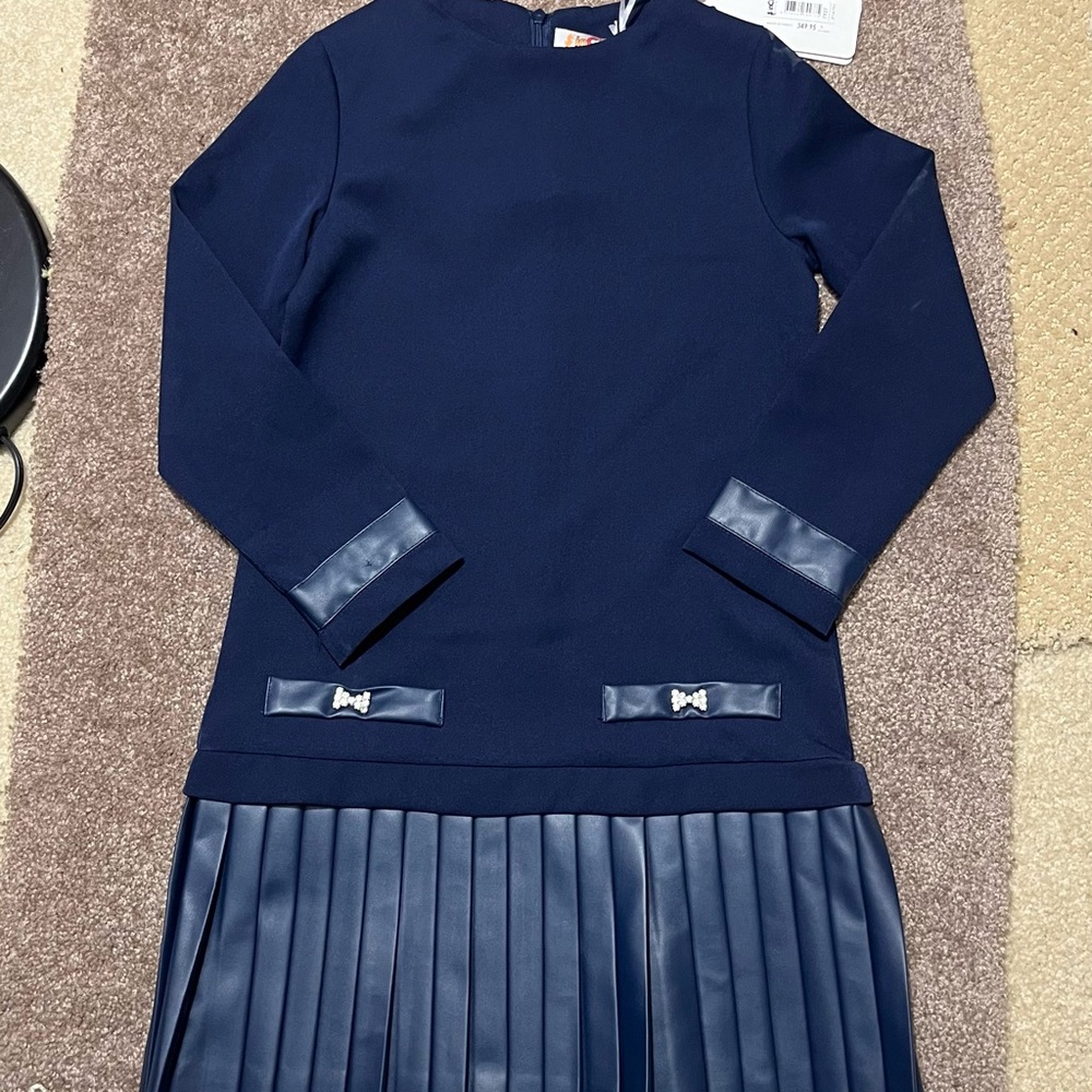 Navy Blue Kids Dress with Pleated Skirt